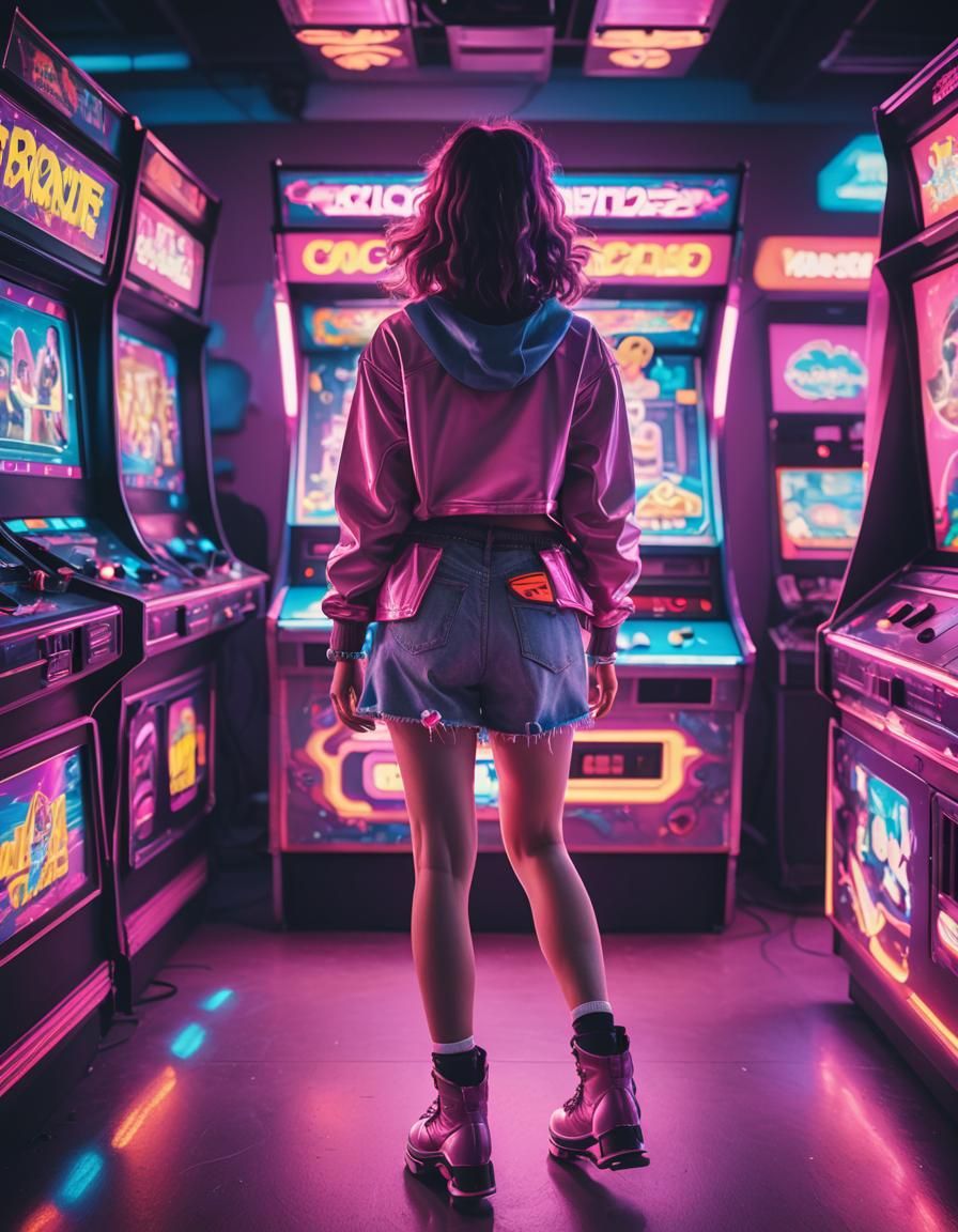 Vaporwave Arcade Girl on Roller Skates in Neon