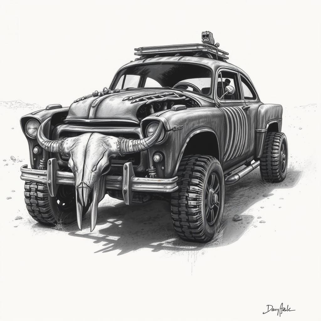 Mad Max Skeleton Car in Charcoal Style