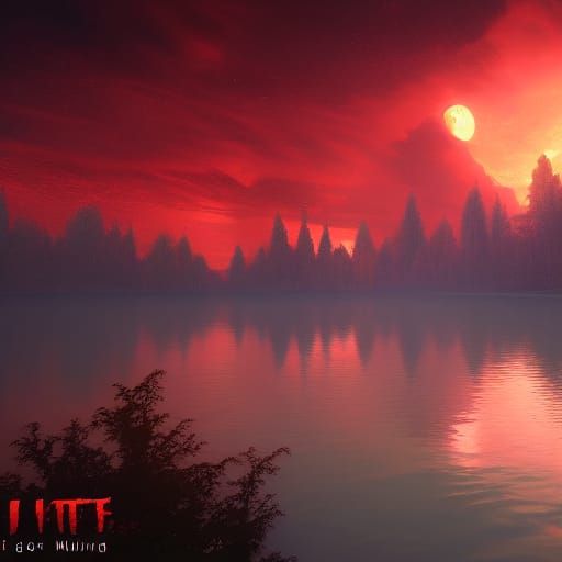 Night Lake Storm with Red Sky: Fantasy Concept Art
