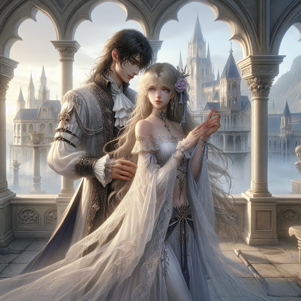 Fantasy Lovers Embrace on Castle Terrace in Morning Light
