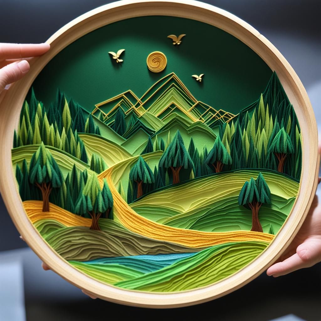 Paper Quilled Green Valley Landscape in Embroidery Hoop