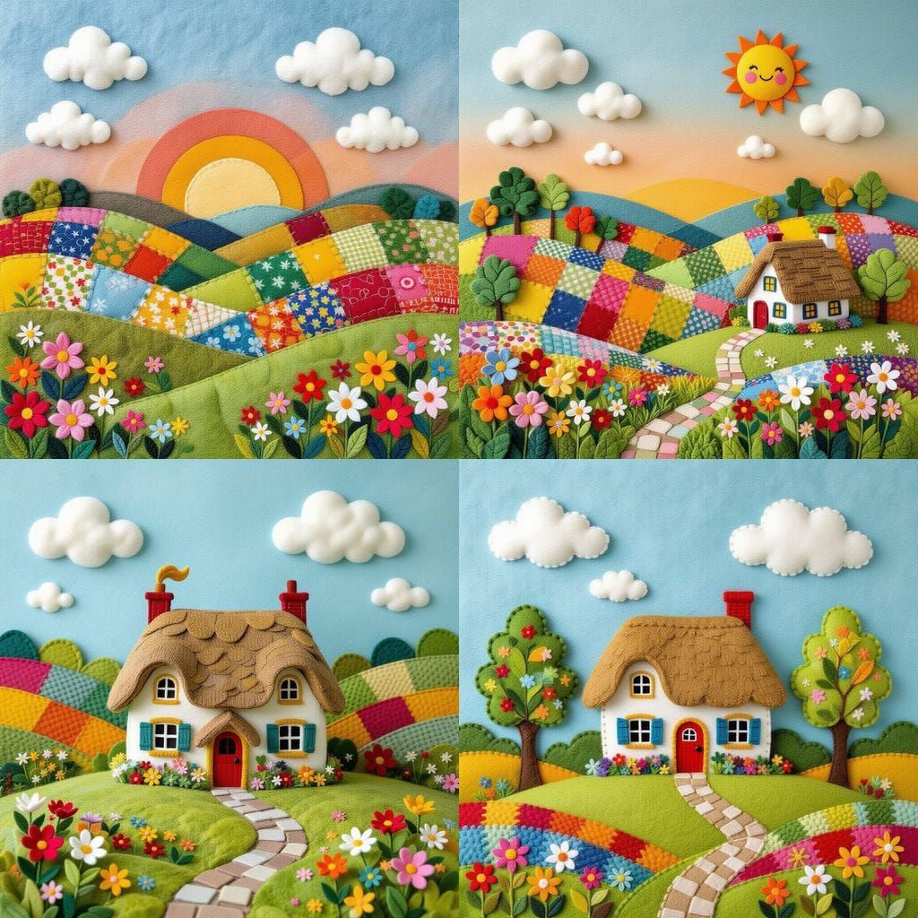 Whimsical Felt Landscape with Colorful Rolling Hills