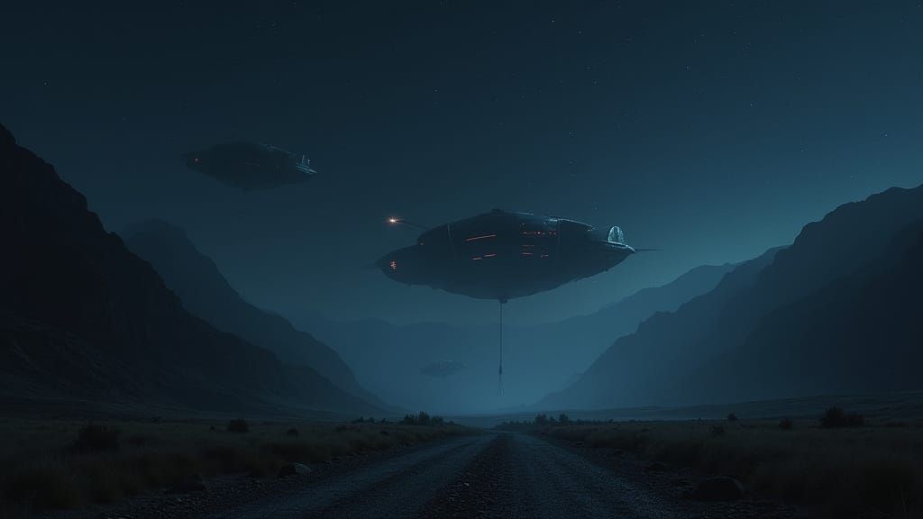 Dystopian Valley: Alien Ships in Starless Sky