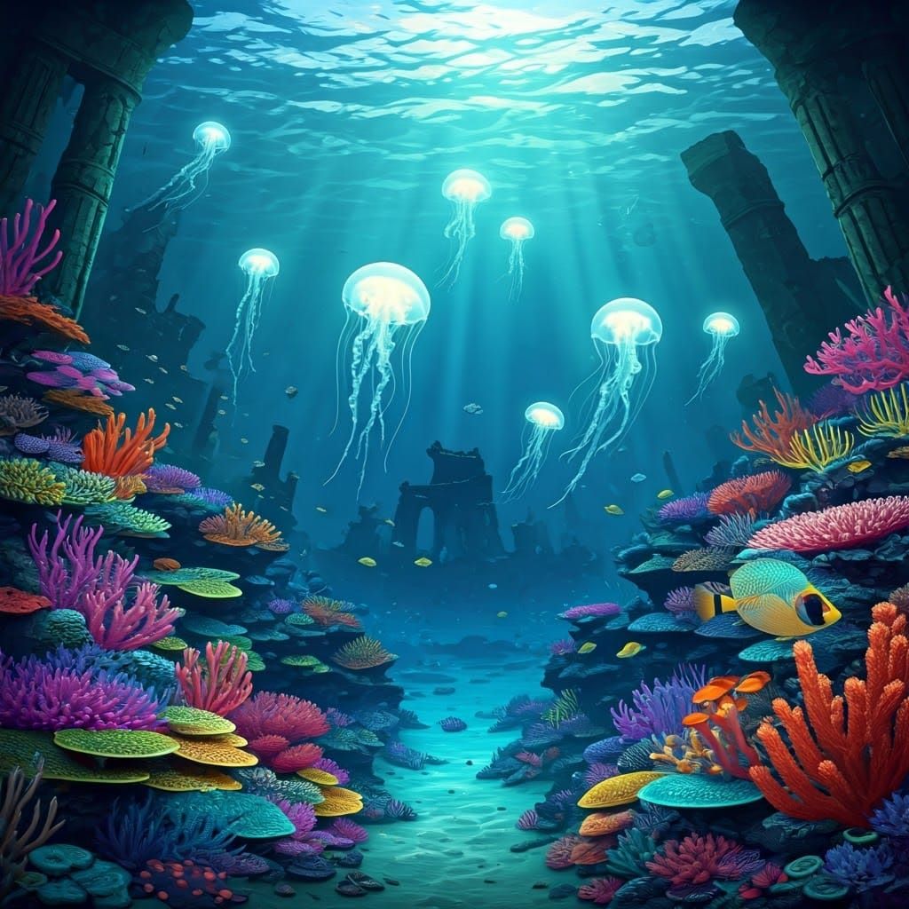 Bioluminescent Jellyfish Dance in Sunken City Ruins