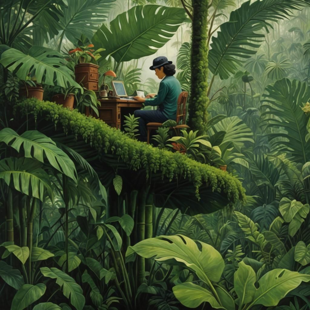 Workplace Inside Monstera in Tropical Rainforest, Naive Art