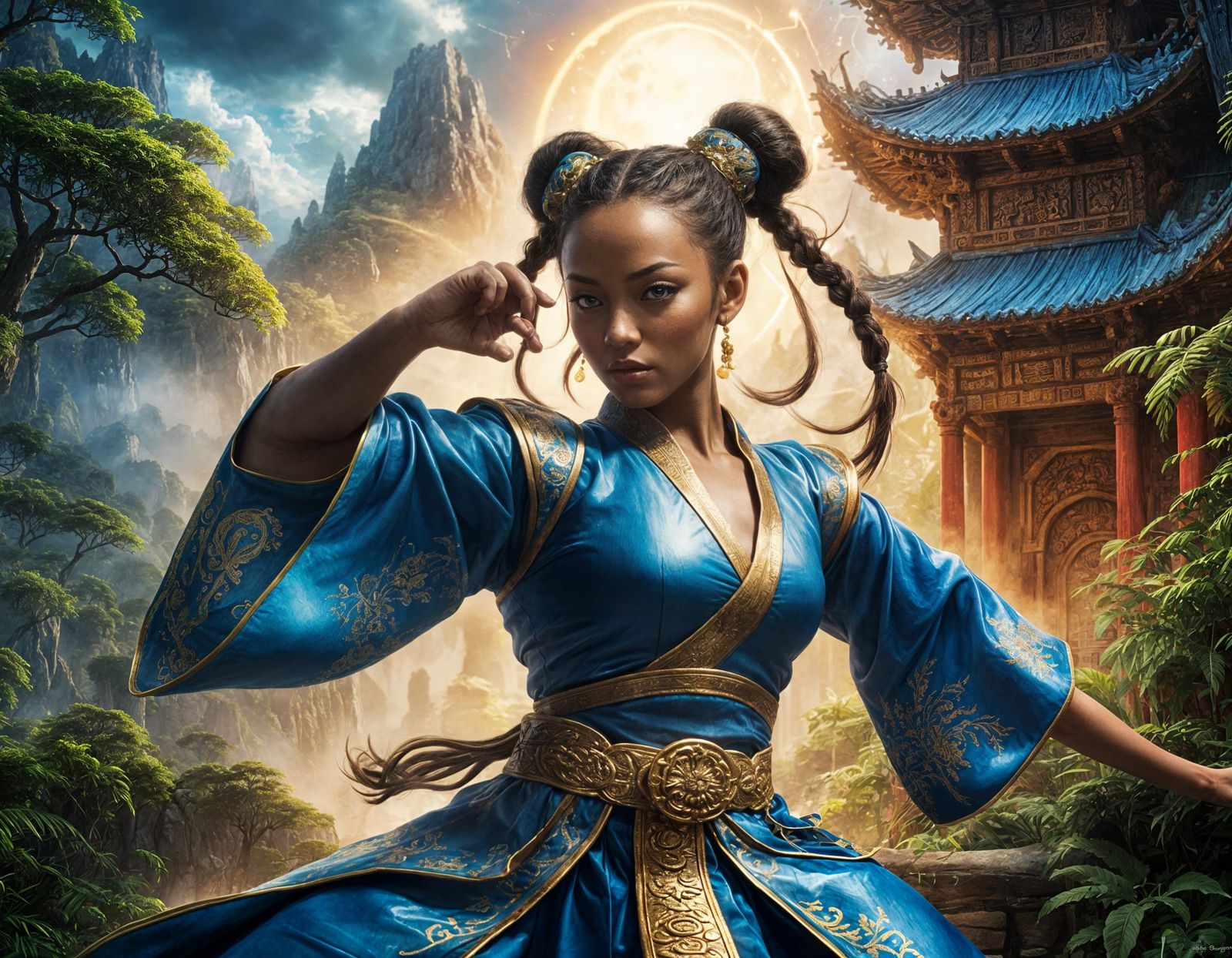 Chun Li, Shaolin Warrior in Blue and Gold Kung Fu Attire