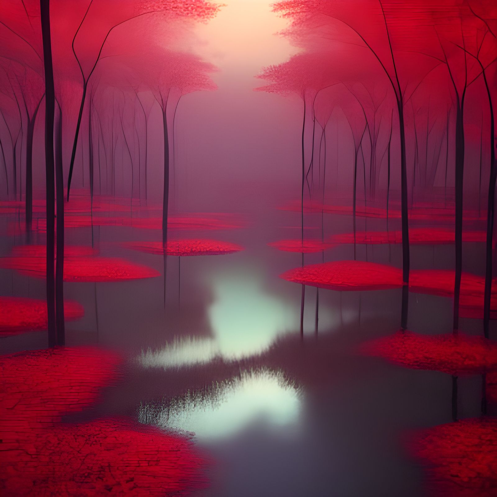 Glowing Red Adansonias in Overgrown Swamp Sunset