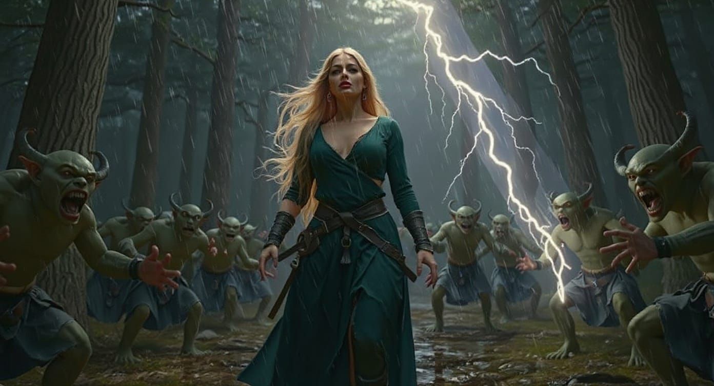 Sorceress Calls Lightning on Goblins in Ancient Forest