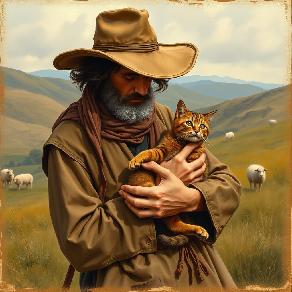 Shepherd and Cat in Pastoral Landscape