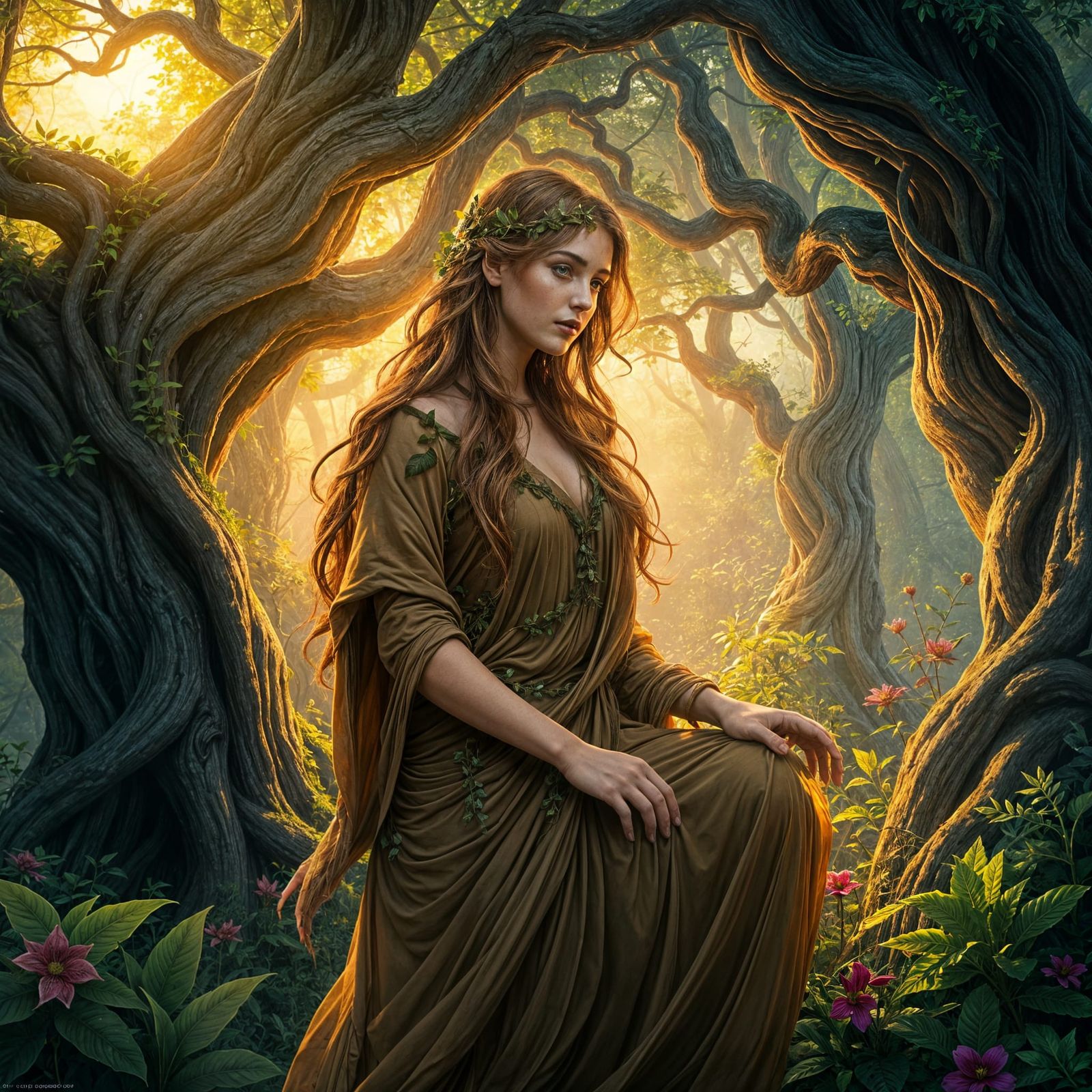 Mystical Forest Goddess in Vibrant Hyperrealistic Art