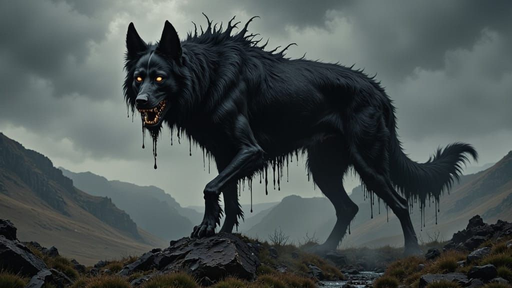 Eerie Black Dog on Dartmoor in Gothic Illustration Style