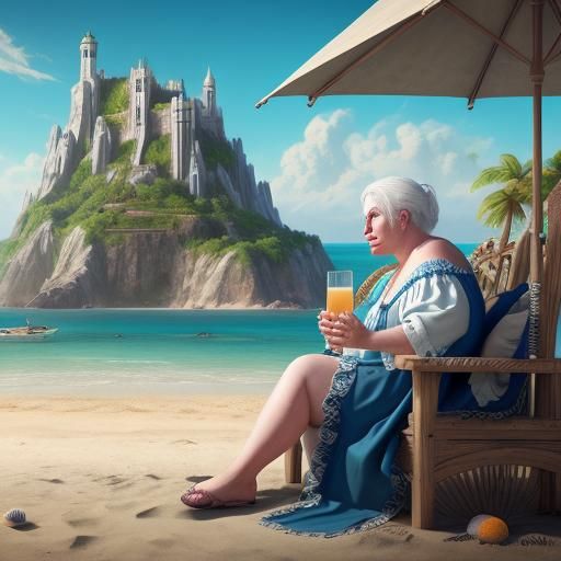 White-Haired Woman Relaxing on Beach, Detailed Digital Paint...