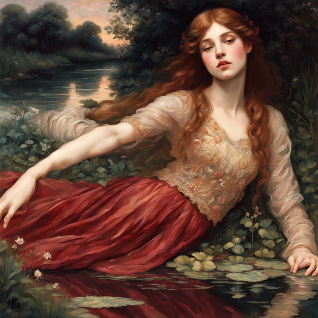 Romantic Maiden by Riverbank in Pre-Raphaelite Style