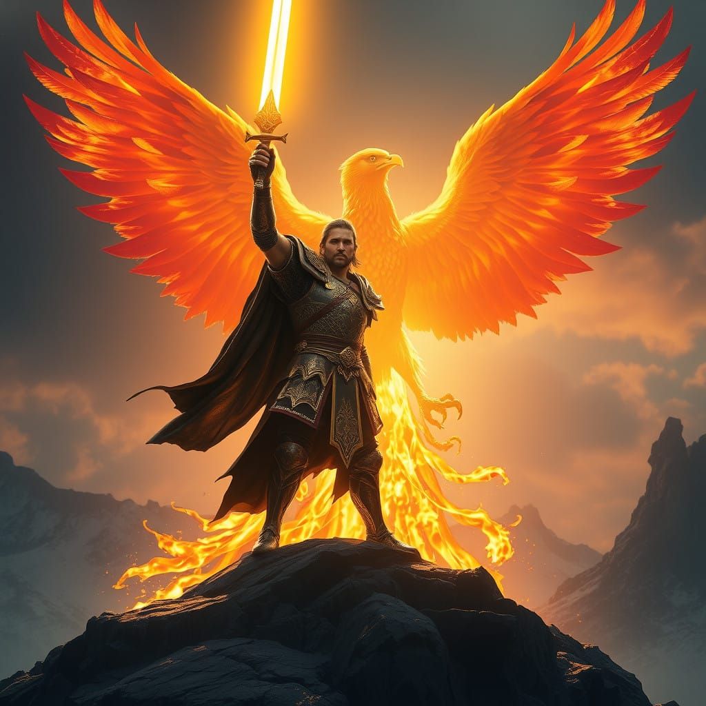 Epic Fantasy Warrior with Phoenix Wings in Vibrant, Magical...