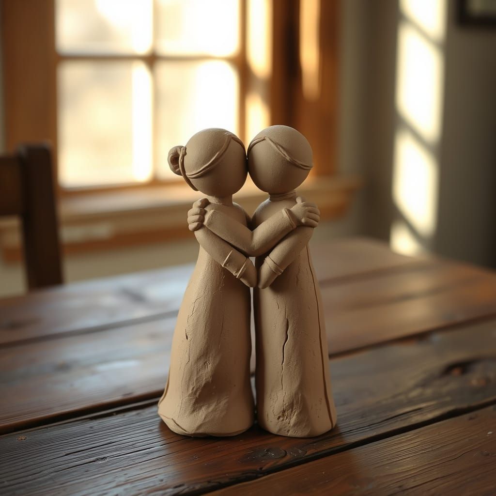 Earthy Clay Figurines Embrace, Forming Heart Shape