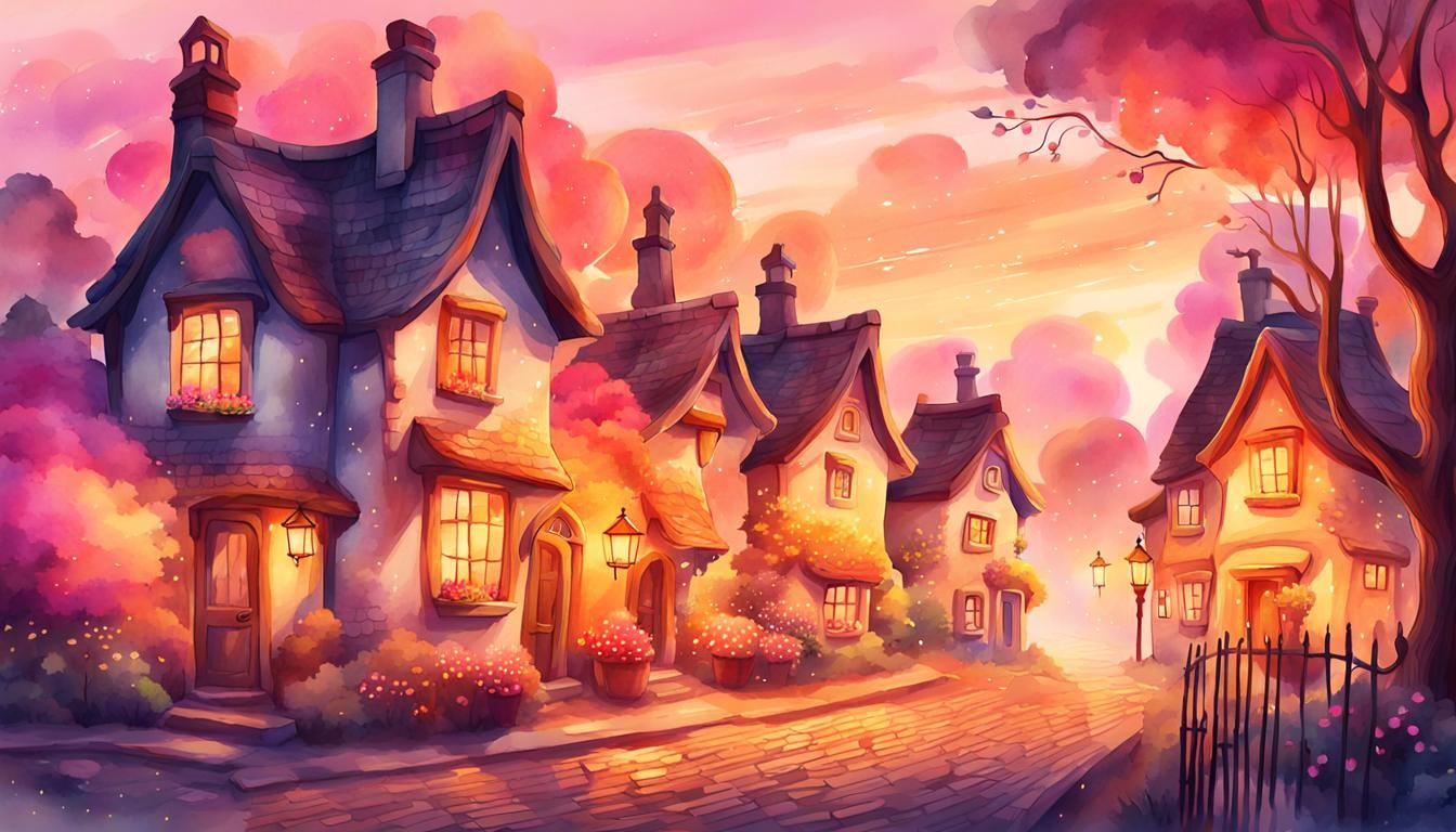 Watercolor Fantasy Village Street at Sunset
