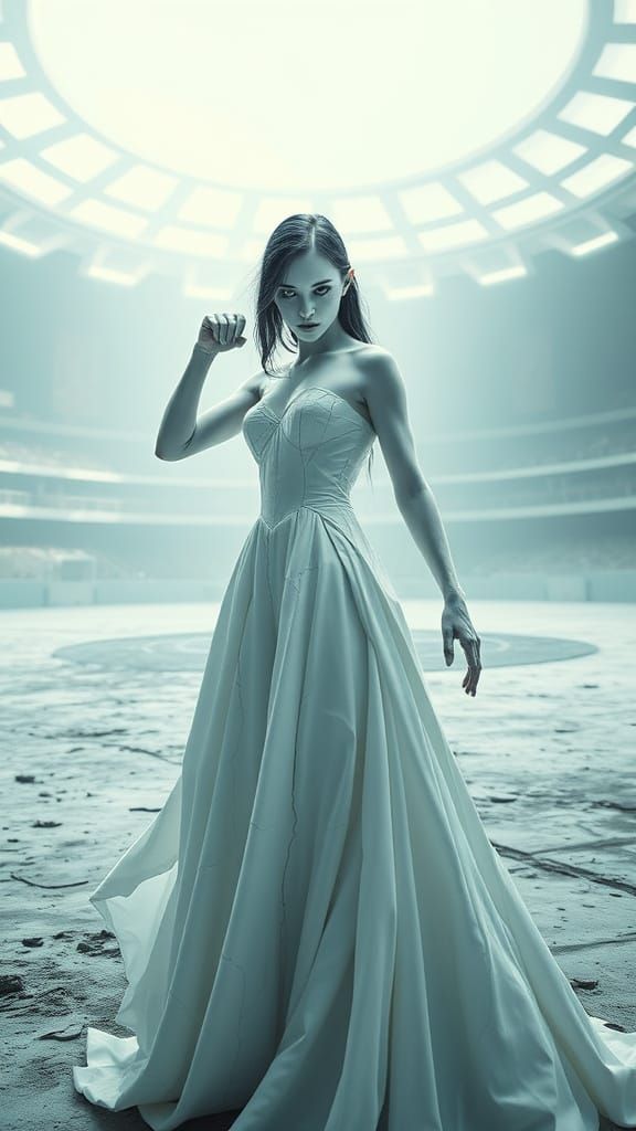 Porcelain Woman in Fighting Ring, Dark Futurism