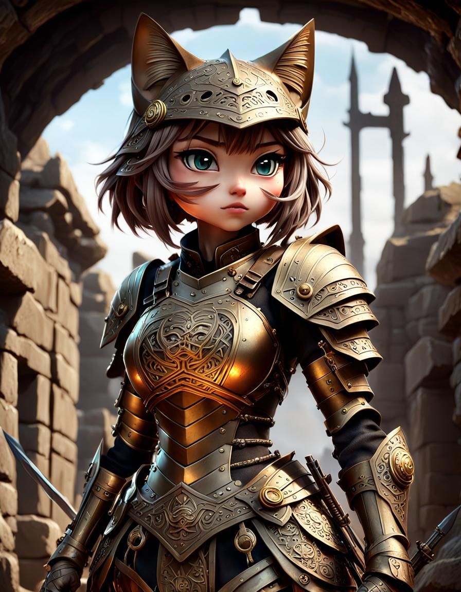 Bronze Age Catgirl Warrior in Trenches, Digital Art