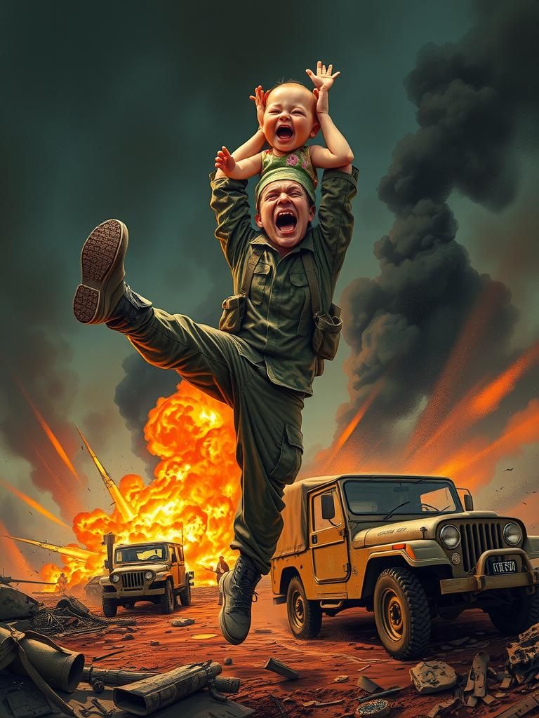 Frantic GI with Doll in War-Torn Landscape