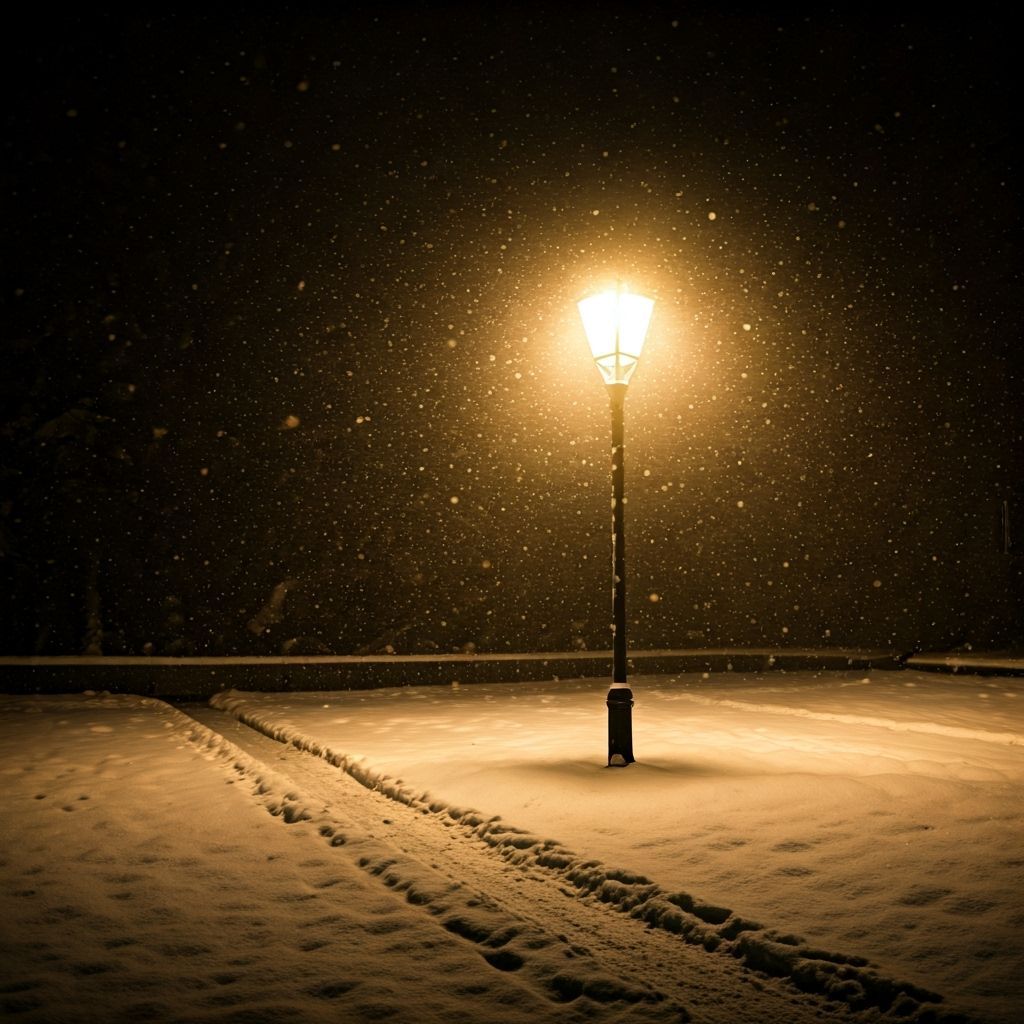 Snowy Street Lamp at Night: Ultra Realistic Photograph