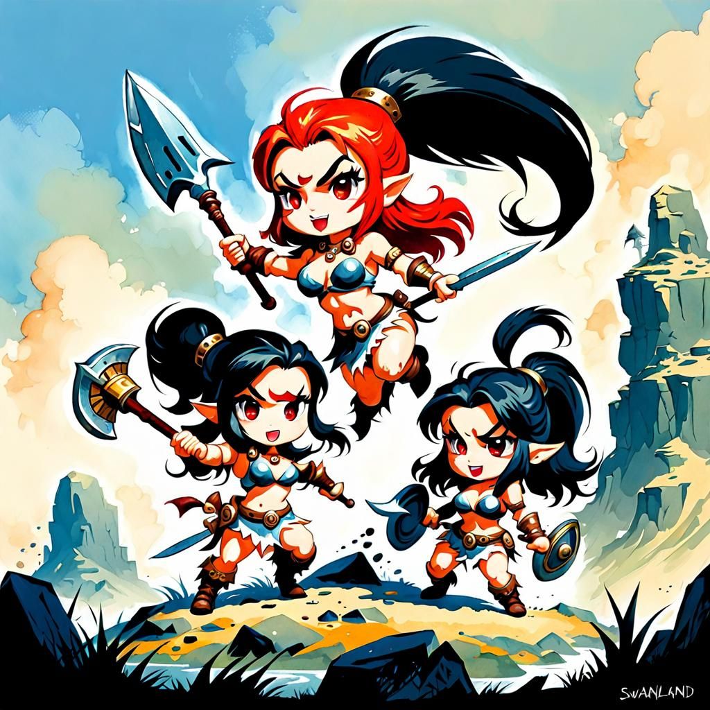 Cartoon Barbarian Girls in Watercolor Style