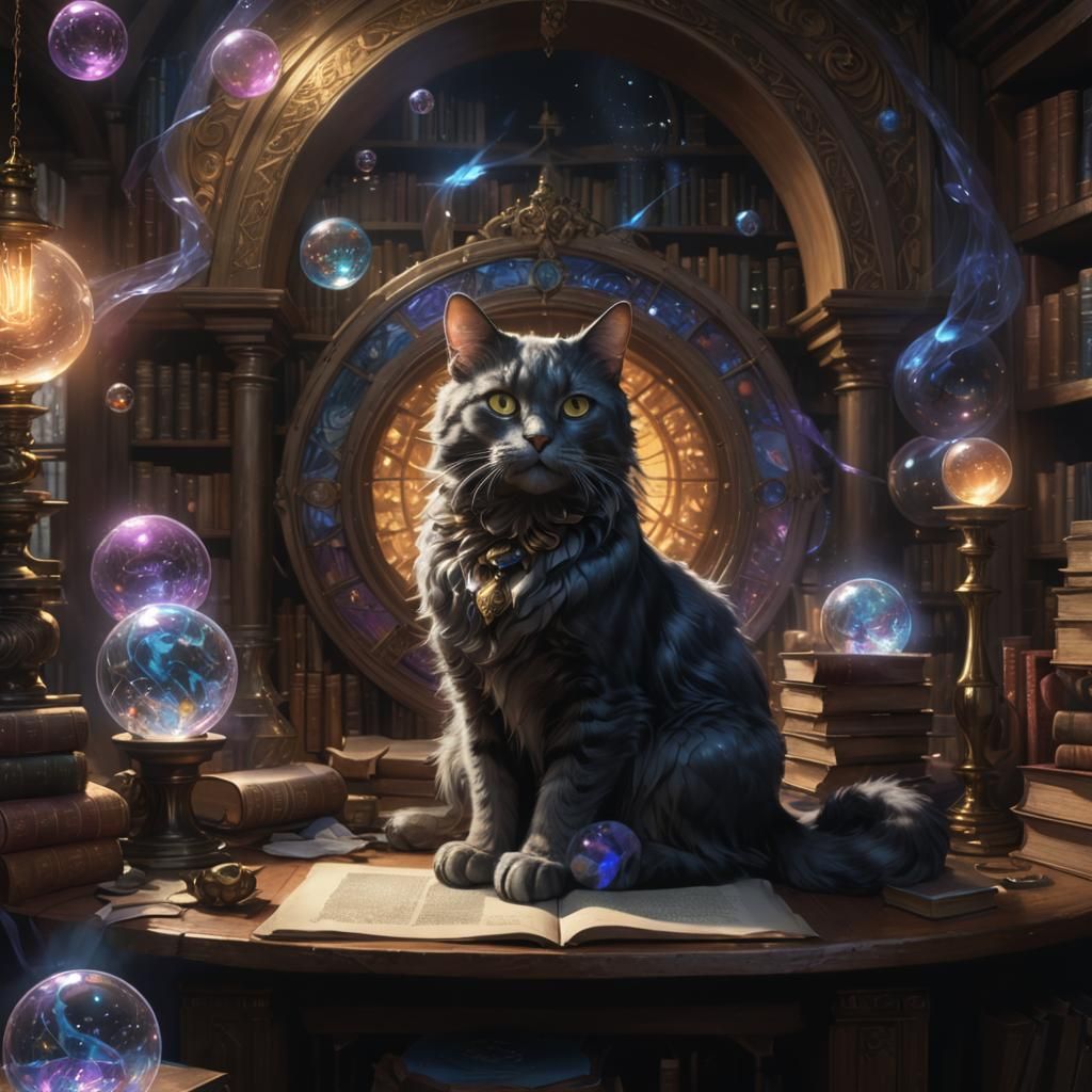 Magic Cat Portrait on Wizard's Desk, Digital Art