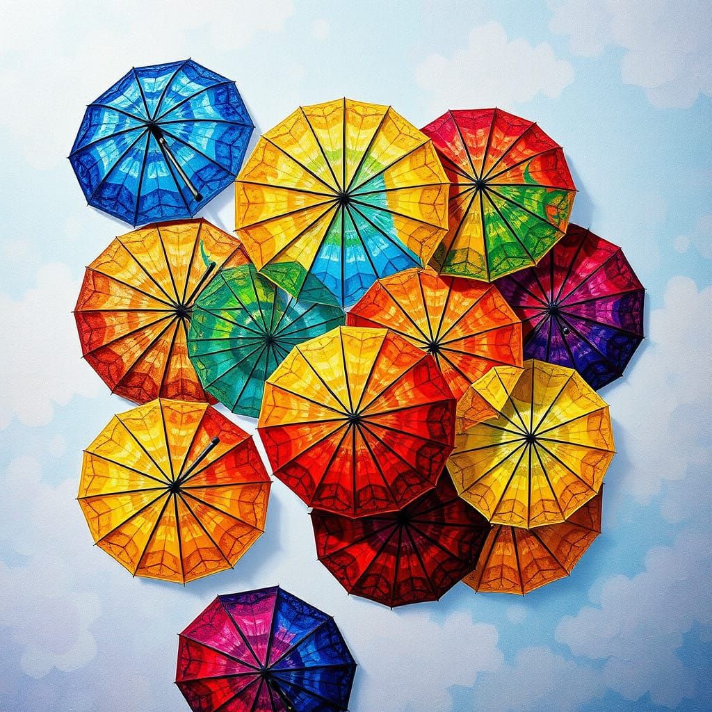 Vibrant Mosaic Artwork from Floating Umbrellas in Shimmering...