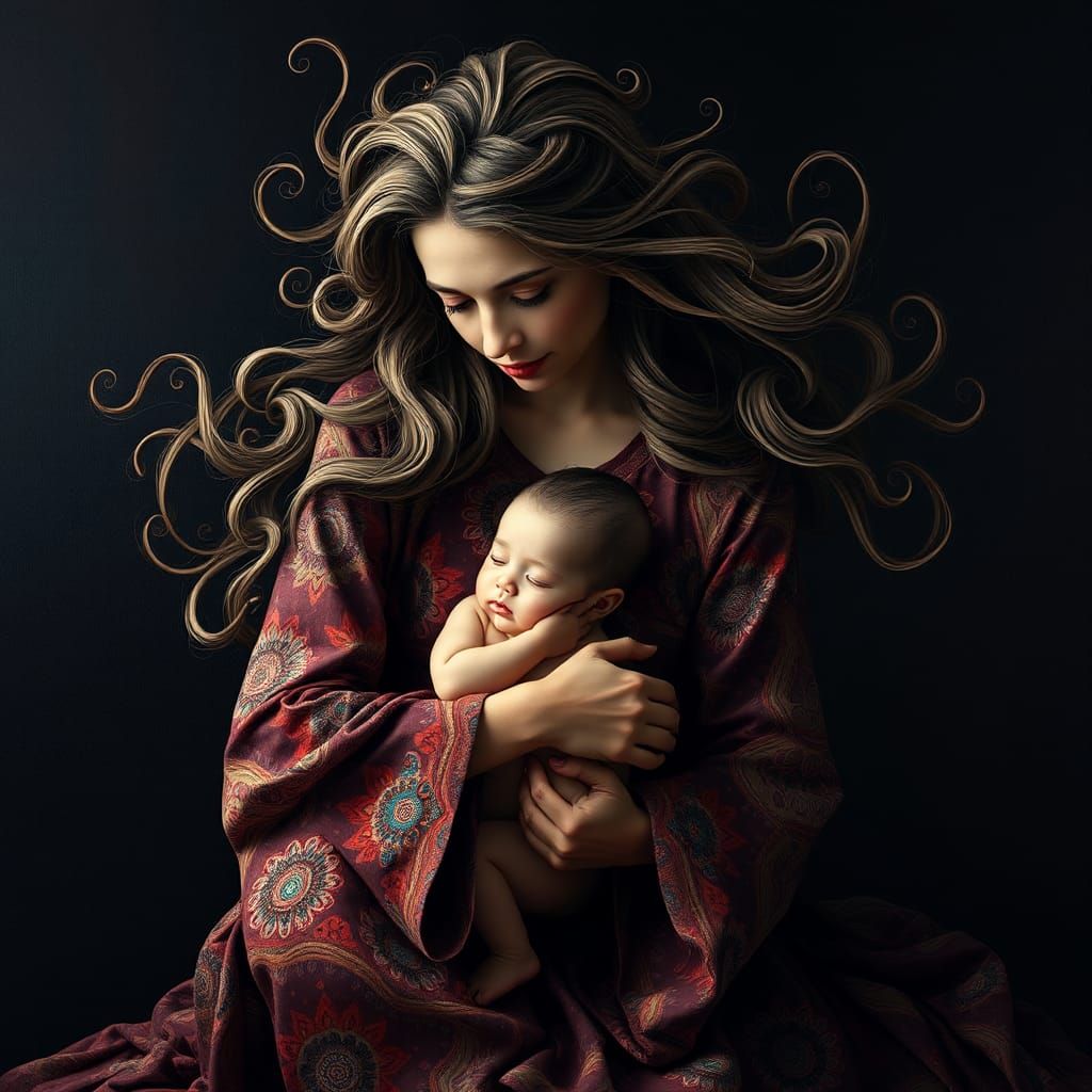 Mother and Child in a Surreal Fractal Dreamscape