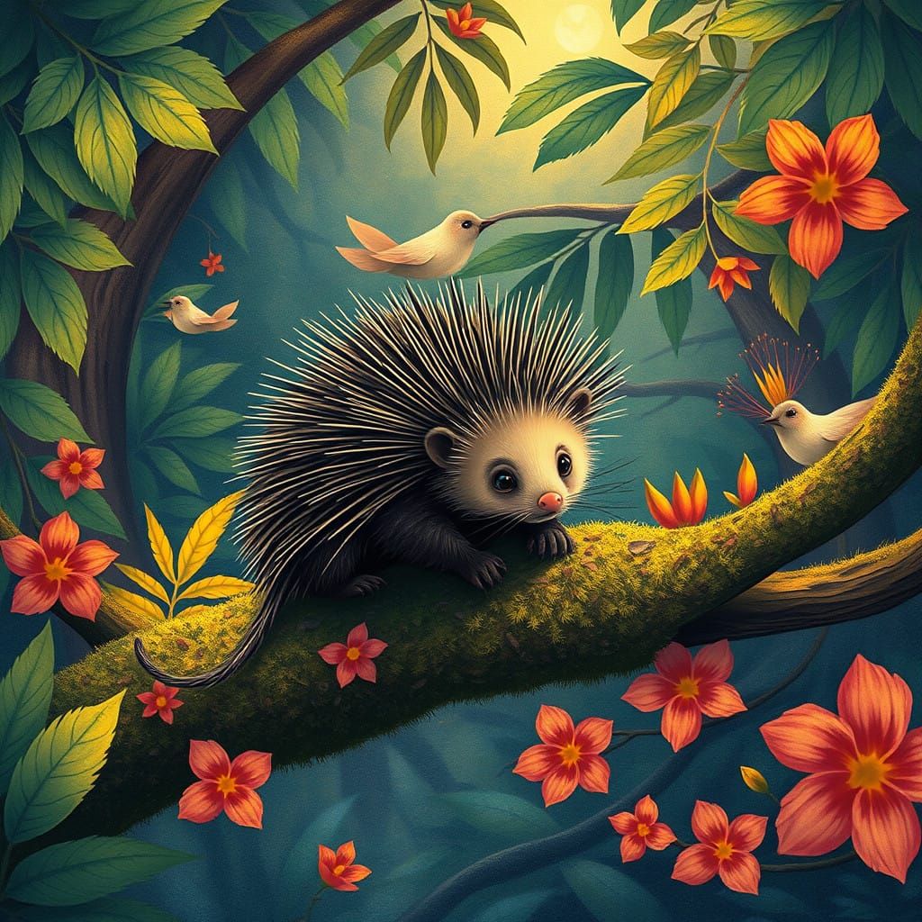 Enchanting Rainforest Porcupine Perched in Whimsical Landsca...