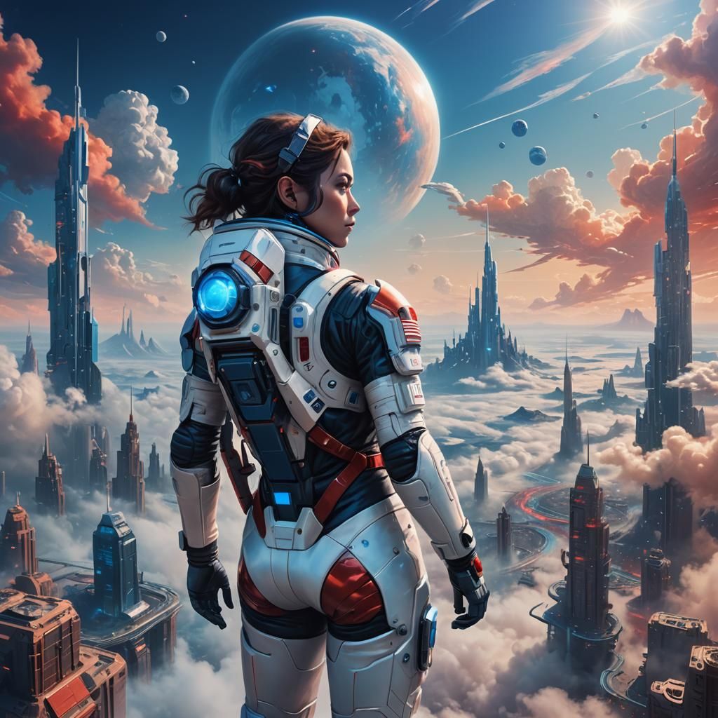 Futuristic Female Astronaut in Vibrant Cityscape