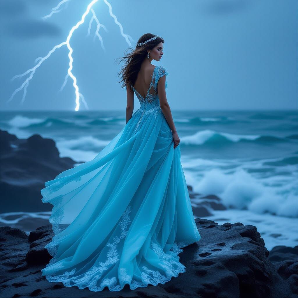Woman in Aquamarine Wedding Dress on Stormy Sea Outcrop