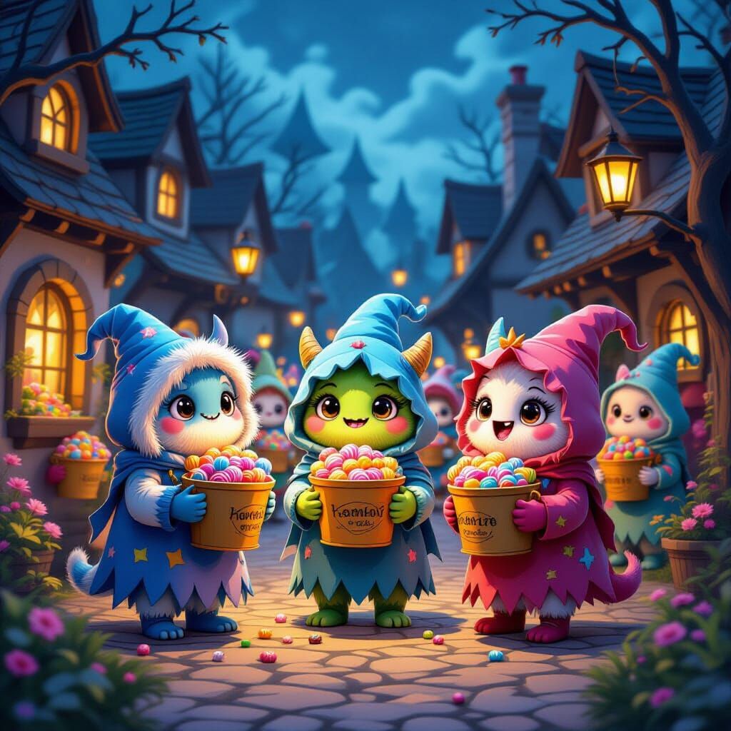 Whimsical Monster Village with Lollipops at Dusk