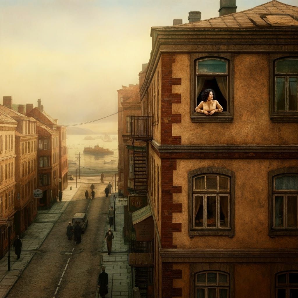 Vintage Harbor City Apartment Complex with Serene Woman