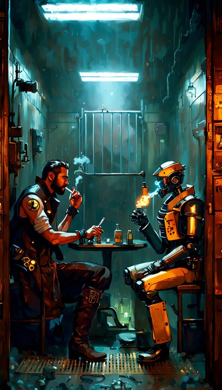 Cowboys and Robots Smoking in Cyberpunk Jail