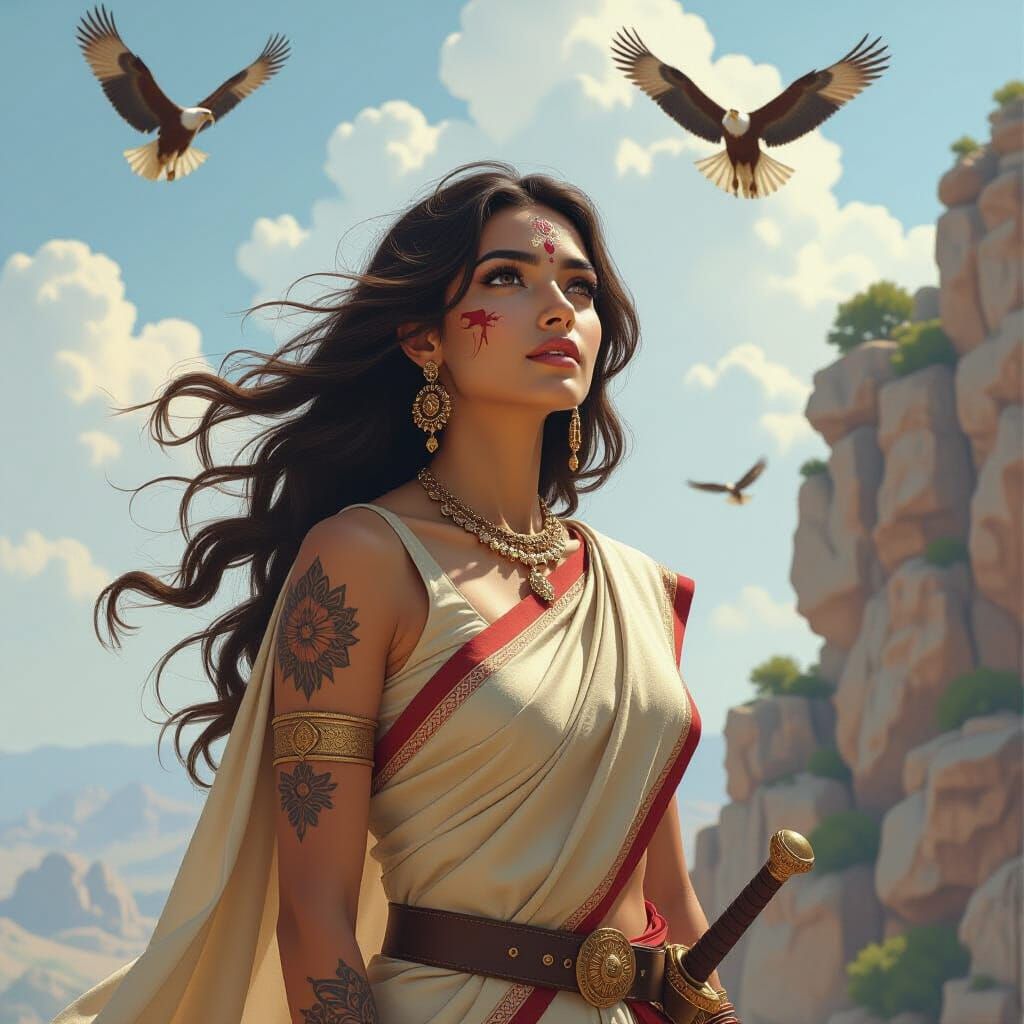 Arushi on Rocky Cliff with Eagles, in Fantasy Art Style