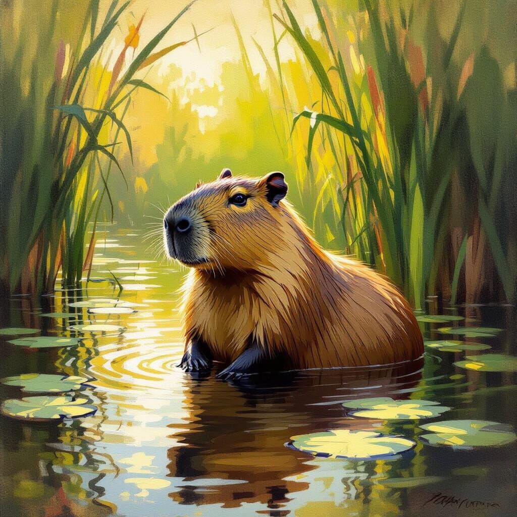 Serene Capybara in Sun-Dappled Water, Impressionistic Oil Pa...