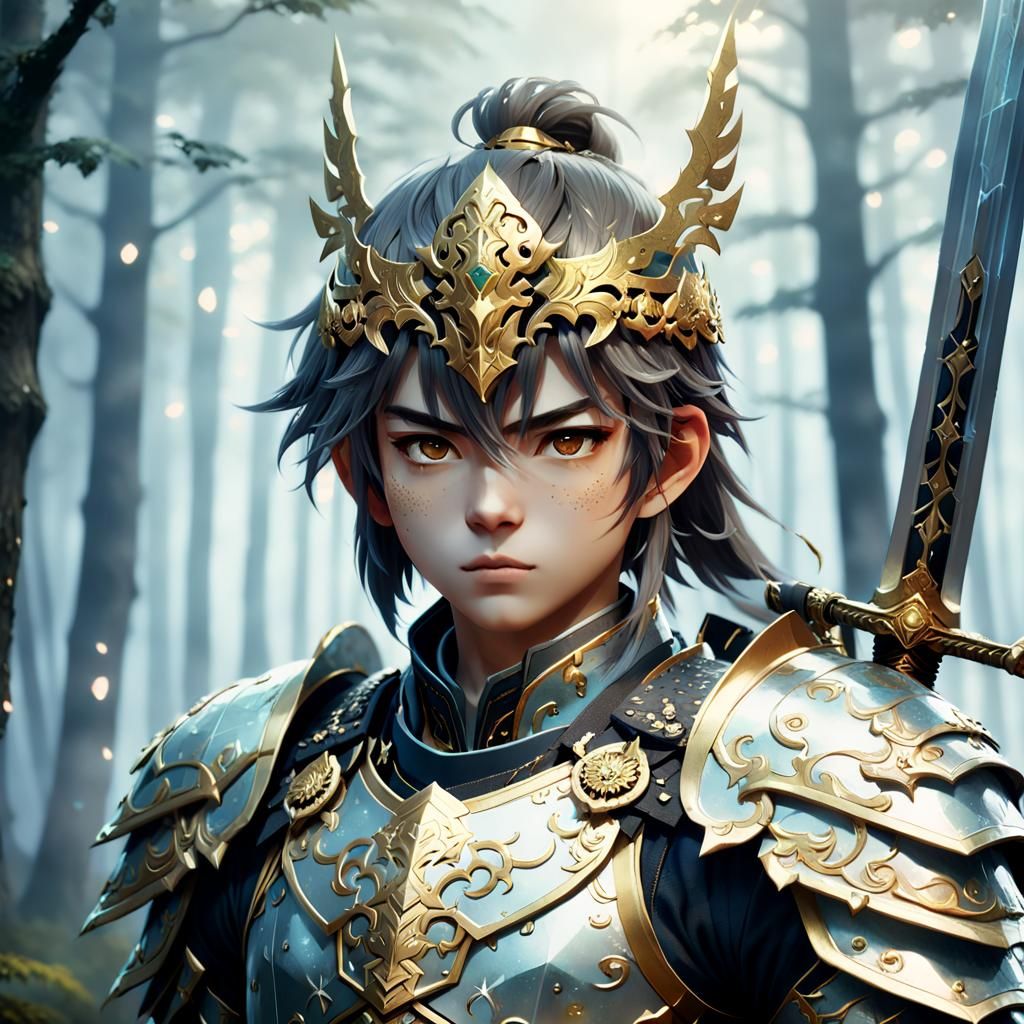 Young Warrior in Misty Forest: 3D Anime Art