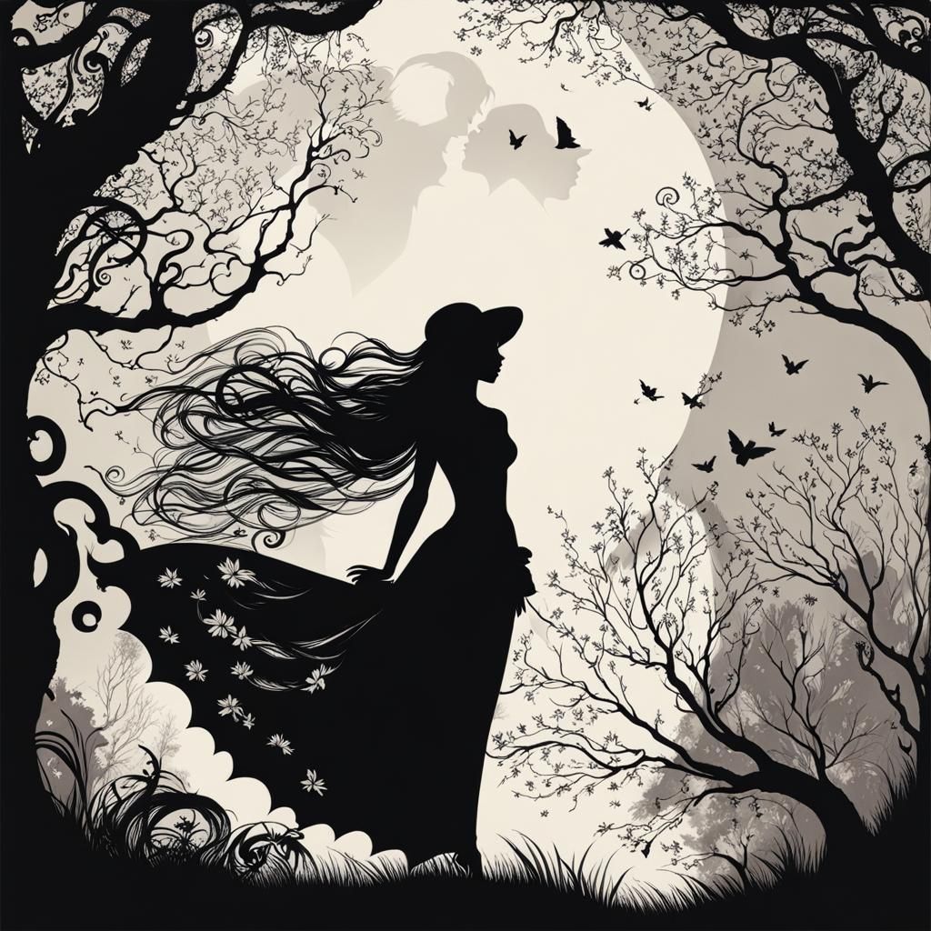 Monochrome Silhouette of a Lady in Rackham Style