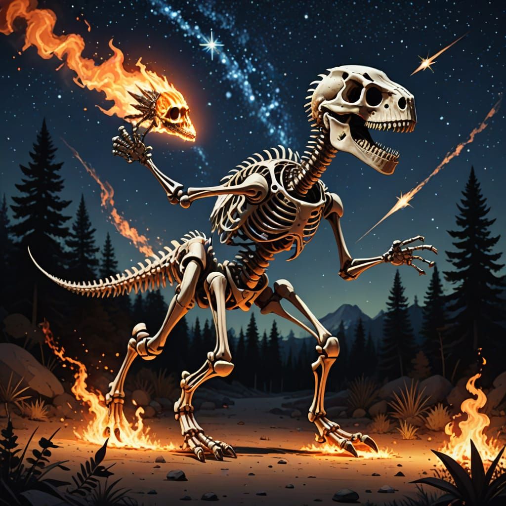Fiery Dinosaur Skeleton Under a Shooting Star