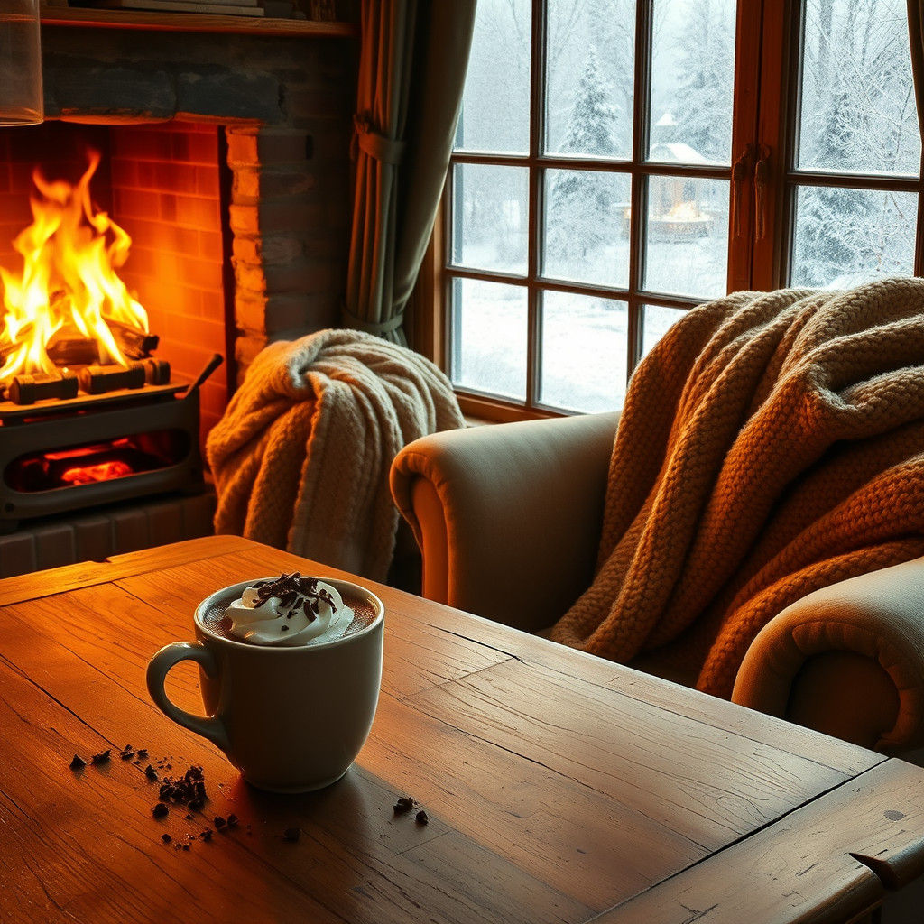 Cozy Hot Chocolate by Fireplace in Warm Painting Style