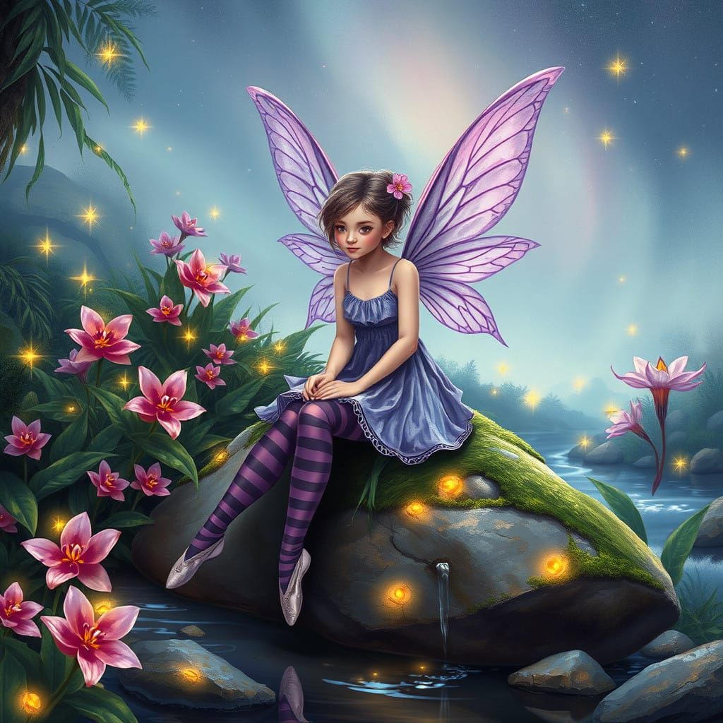 Ethereal Fairy Amidst Fireflies and Astral Bloom