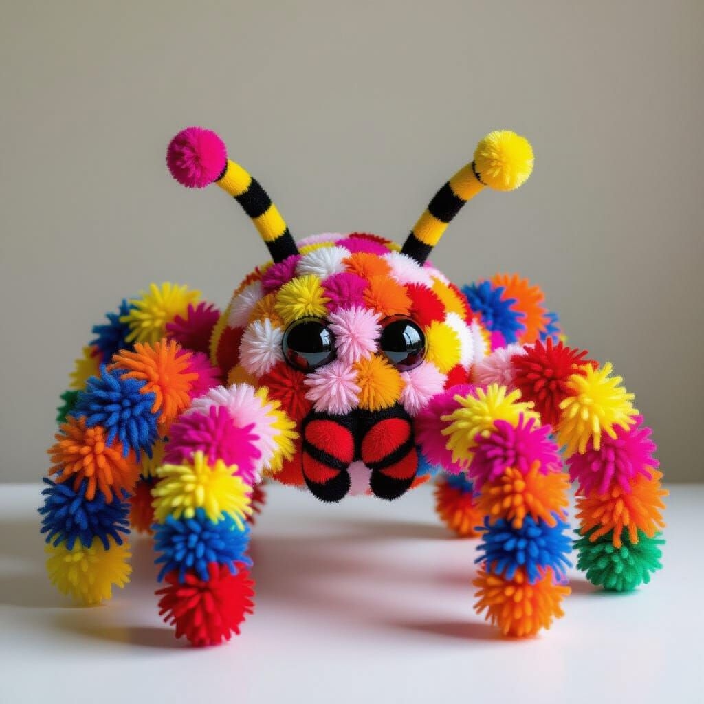 Fluffy Pom Pom Spider Sculpture in Pop Art Style