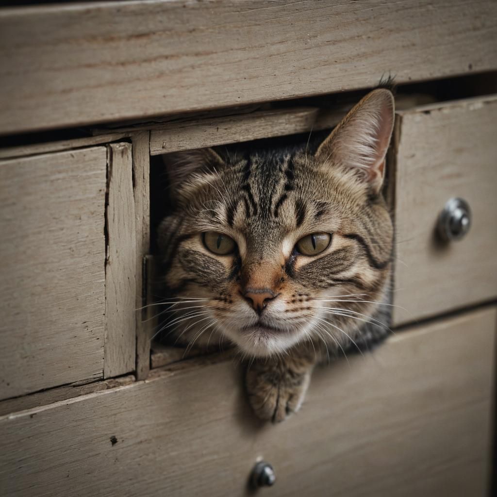Cat Napping in Drawer, Ambient Light Portrait