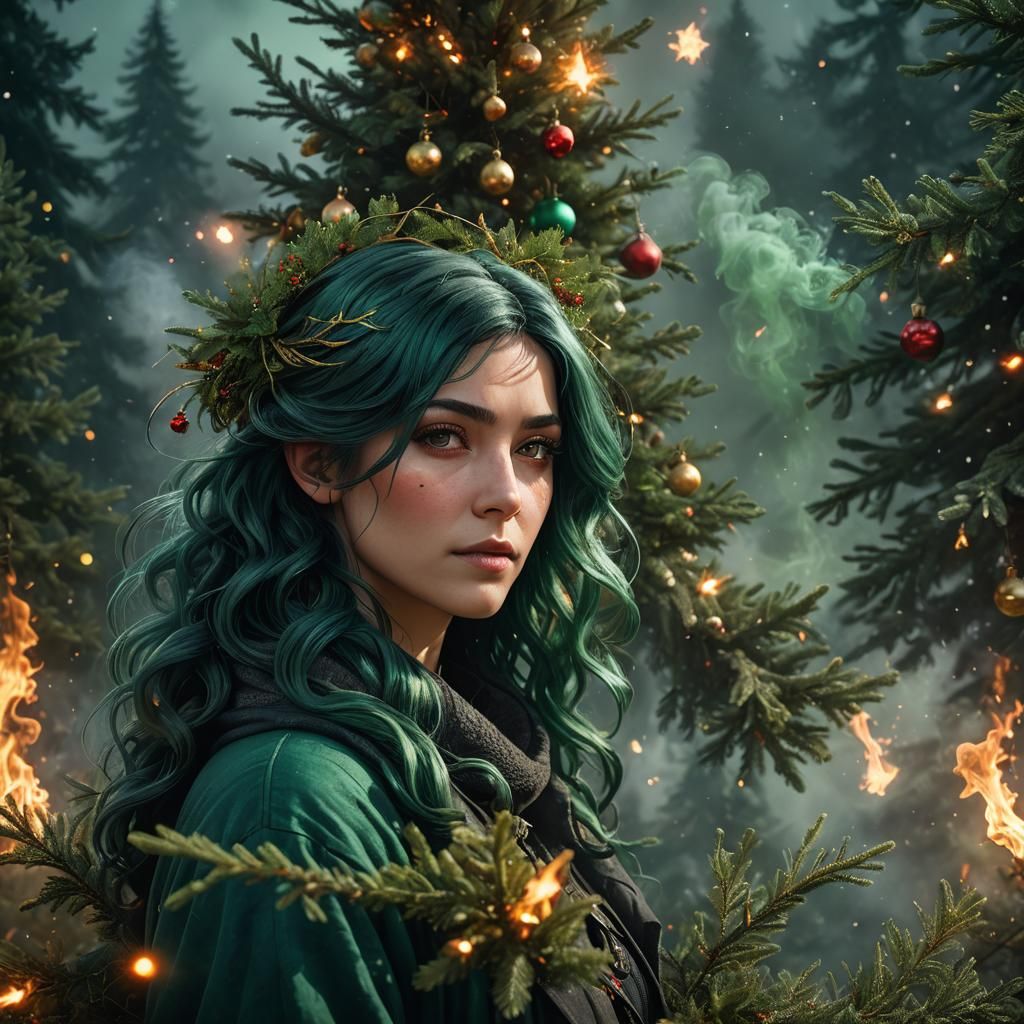 Green Haired Woman with Christmas Tree, Alphonse Mucha Style