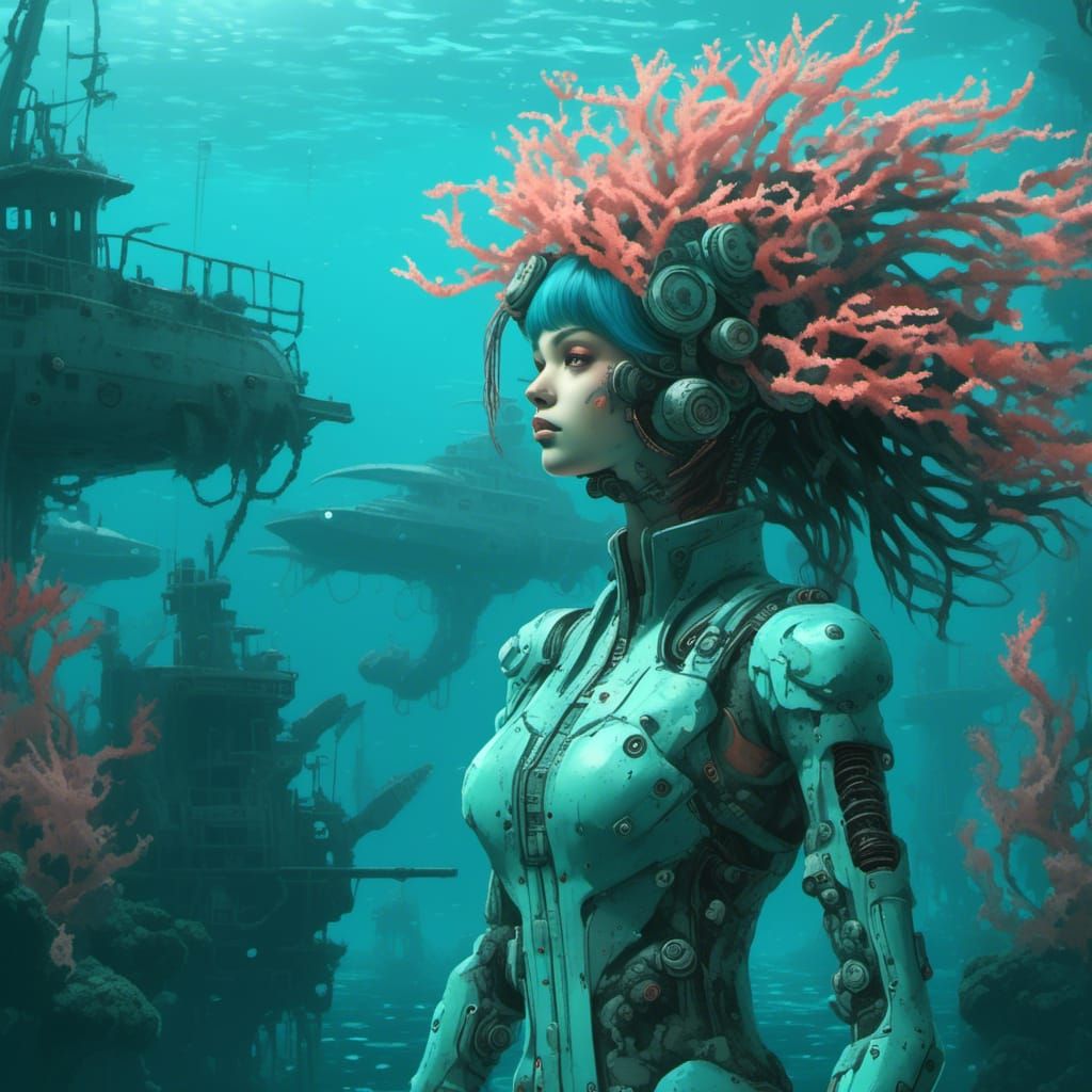 Cyberpunk Girl Overlooking Aquatic Shipwreck Landscape