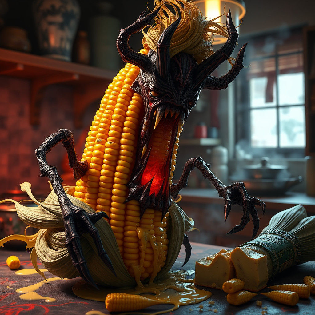 Evil Corn in Demonic Kitchen: Fantasy Concept Art