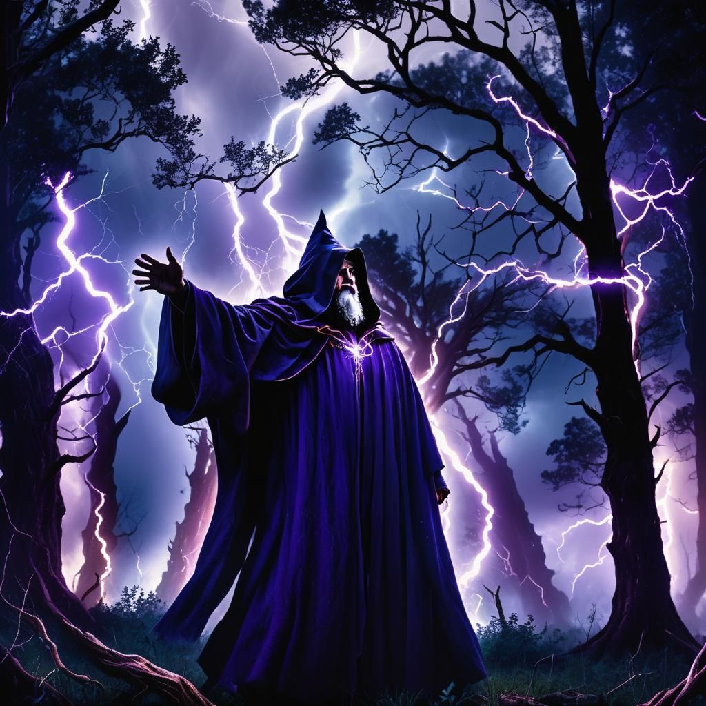 Wizard in Forest During Lightning Storm