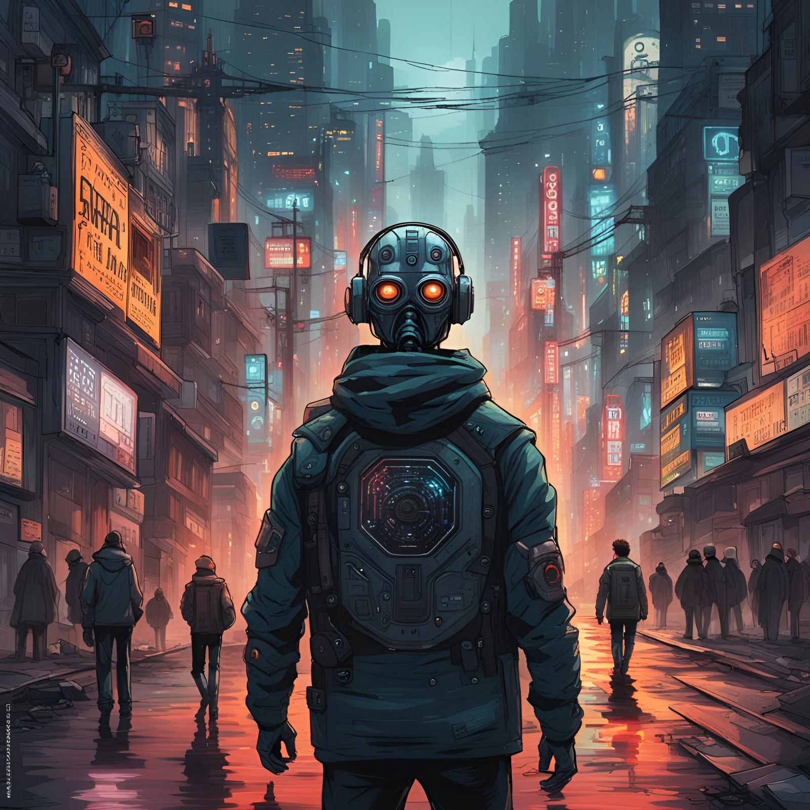 Cyborg Walks Desolate Cyberpunk City Streets