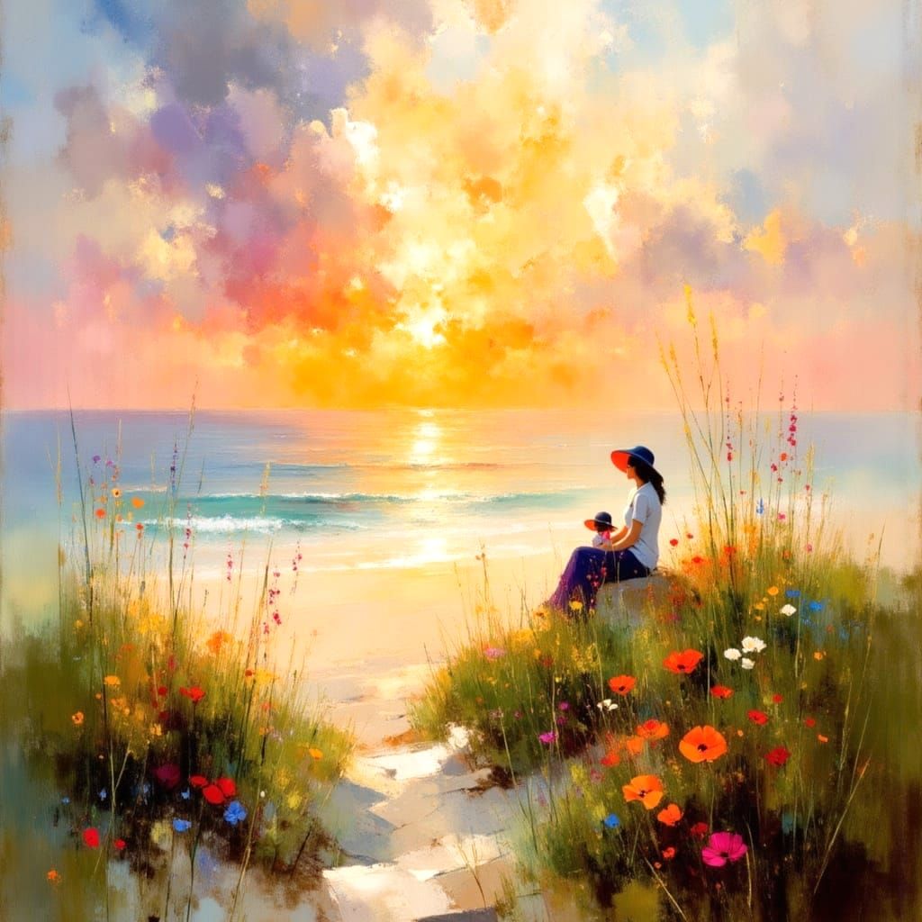 Impressionist Beach Scene at Sunset