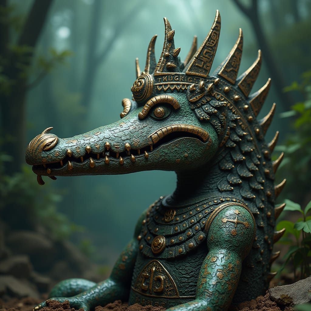 Mayan Alligator Deity Bronze Idol in Surrealist Style